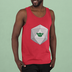 Smiling man wearing a red tank top with the image of a d20 with a cartoonish goblin face in the center of the die.